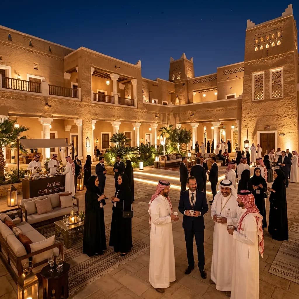 Evening reception courtyard with an Arabic coffee service station and guests mingling