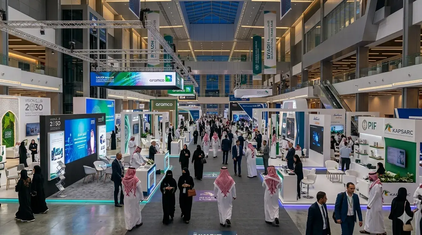 Large exhibition hall with branded trade show stands in Riyadh Saudi Arabia