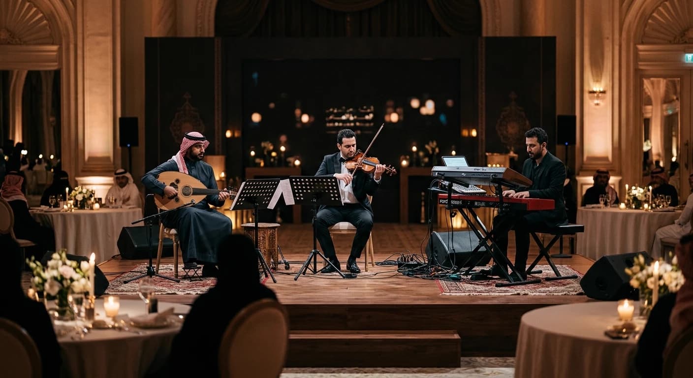 Live musical trio performing oud, violin, and keyboard at a Saudi event