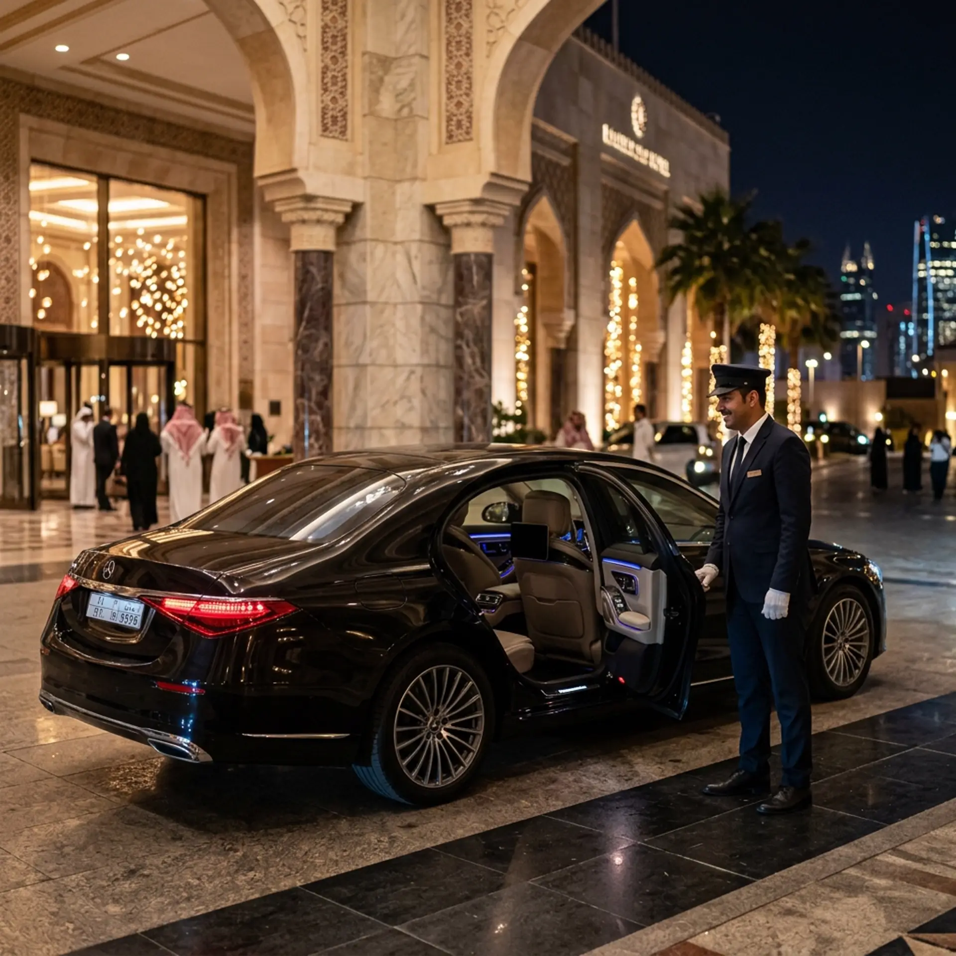 Chauffeur greeting a guest at a Riyadh hotel entrance in the evening