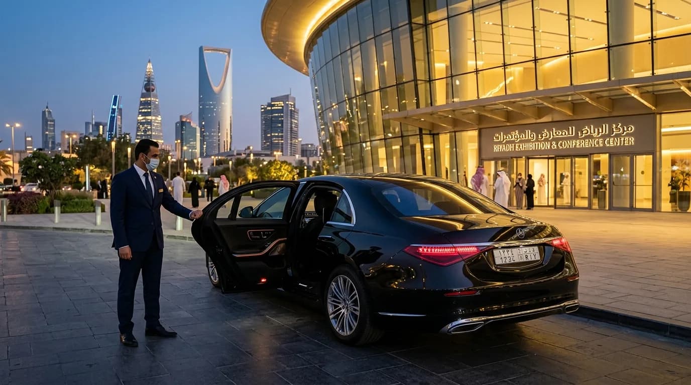 Chauffeur opening the rear door of a luxury sedan outside a Riyadh exhibition centre