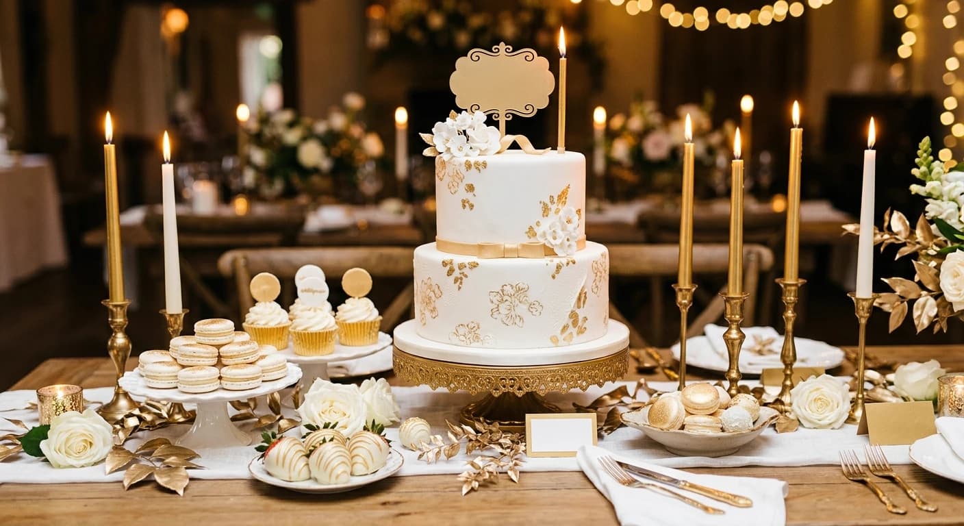 Styled birthday dessert table with cake, macarons, and gold accents