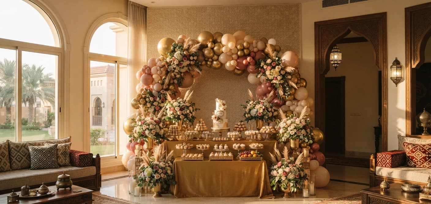 Elegant gold and blush balloon arch with a styled dessert table at a private birthday celebration in Riyadh