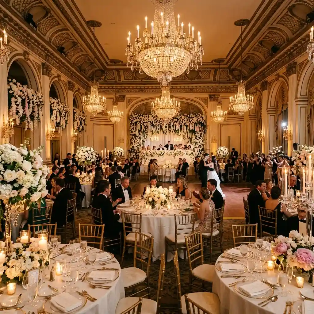 Royal wedding reception hall — grand chandeliers, gold décor, Riyadh five-star venue