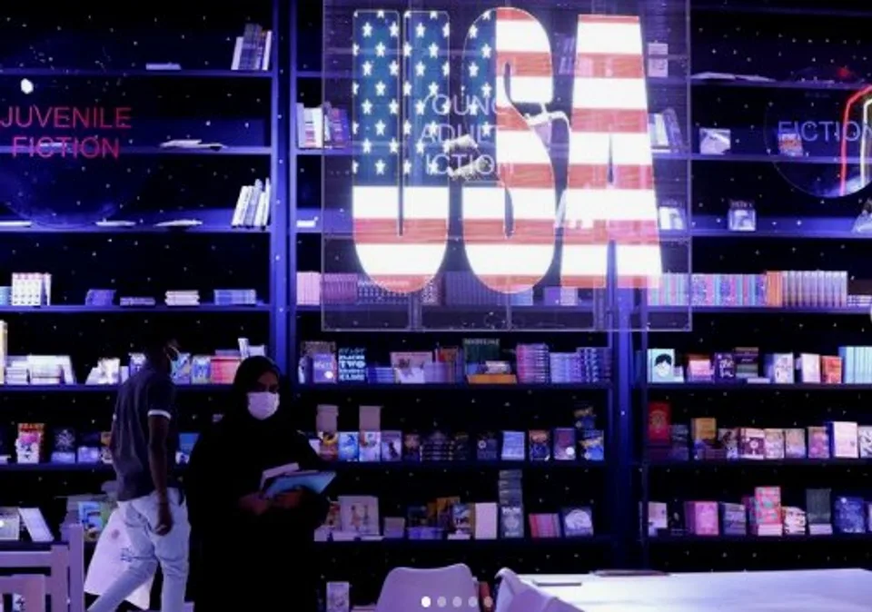 Themed exhibition booth build with immersive backdrop at an international book fair