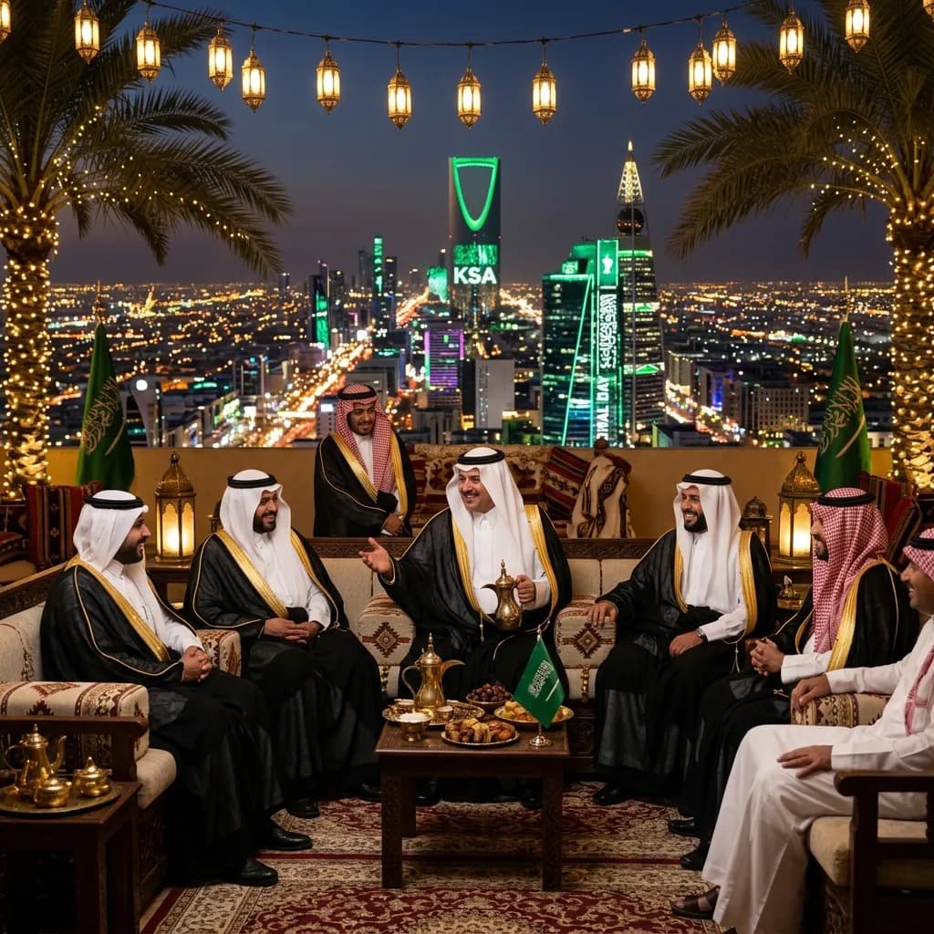 Luxury Saudi cultural event and celebration at night with traditional Majlis