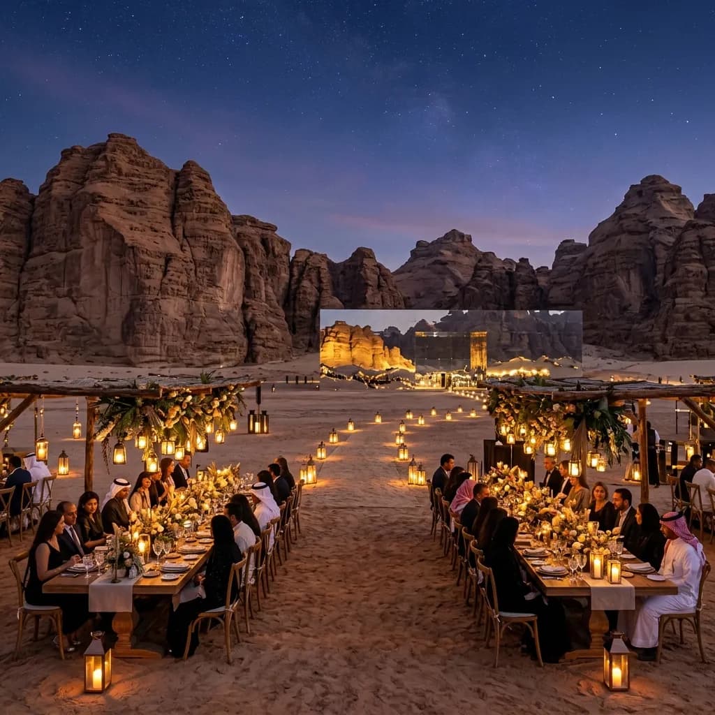 Luxury destination event in AlUla Saudi Arabia with desert mountains and dining setup