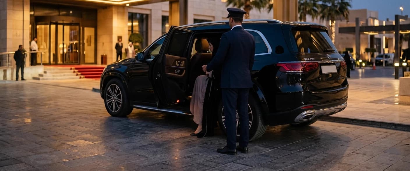 Chauffeur assisting a guest from a luxury SUV at a hotel entrance in Riyadh